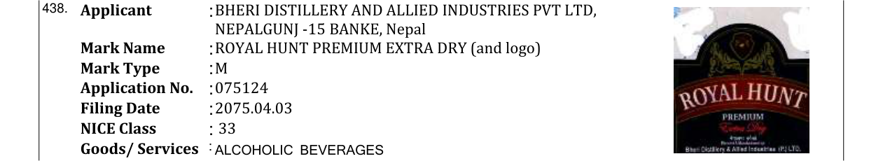 Original bulletin entry for ROYAL HUNT PREMIUM EXTRA DRY (and logo)