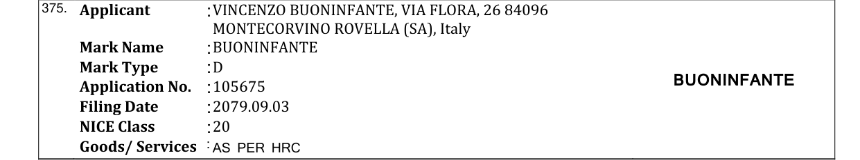 Original bulletin entry for BUONINFANTE