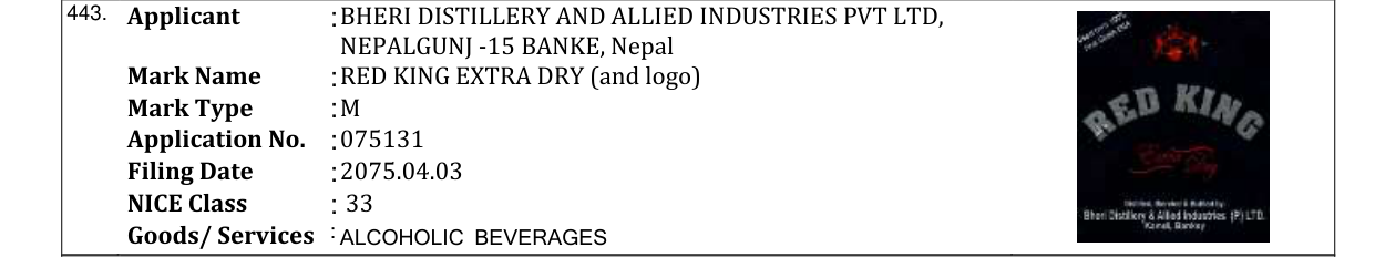 Original bulletin entry for RED KING EXTRA DRY (and logo)