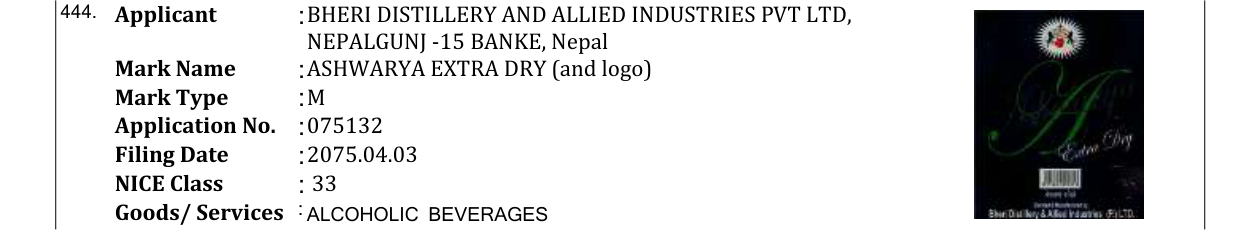Original bulletin entry for ASHWARYA EXTRA DRY (and logo)