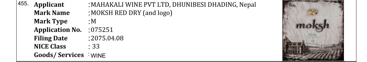 Original bulletin entry for MOKSH RED DRY (and logo)