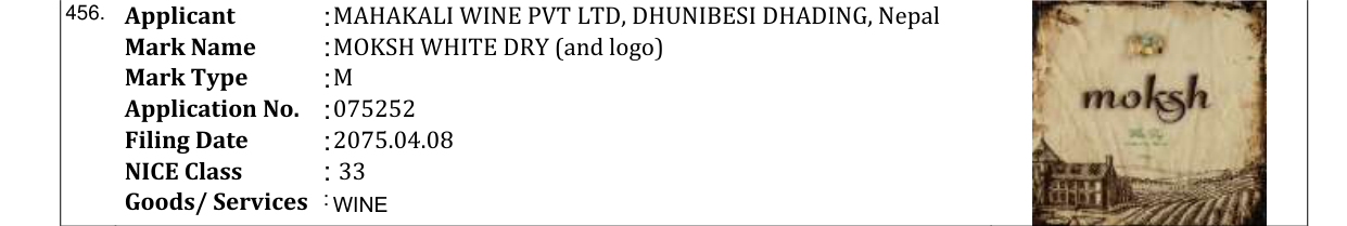 Original bulletin entry for MOKSH WHITE DRY (and logo)