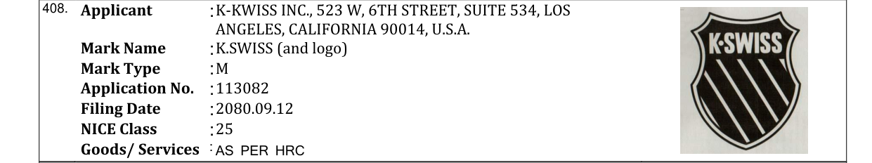 Original bulletin entry for K.SWISS (and logo)