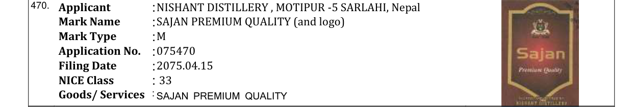 Original bulletin entry for SAJAN PREMIUM QUALITY (and logo)