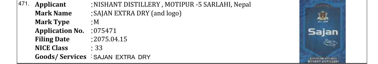 Original bulletin entry for SAJAN EXTRA DRY (and logo)