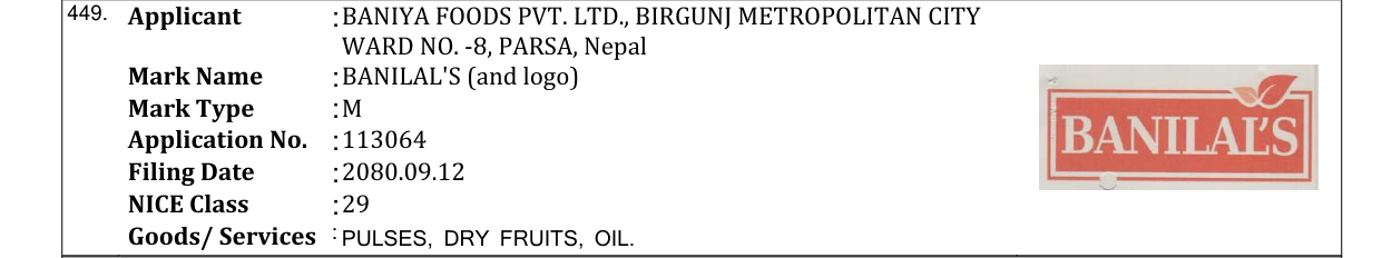 Original bulletin entry for BANILAL'S (and logo)