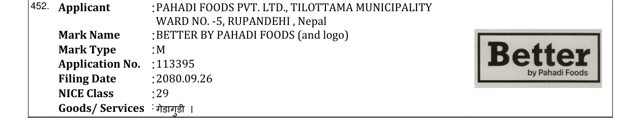 Original bulletin entry for BETTER BY PAHADI FOODS (and logo)