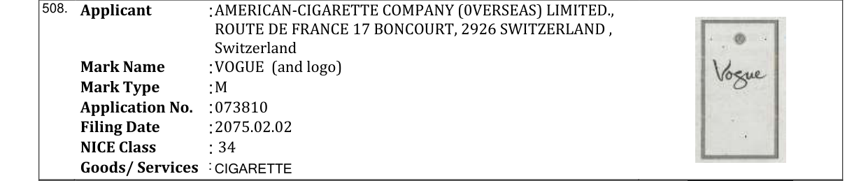 Original bulletin entry for VOGUE (and logo)