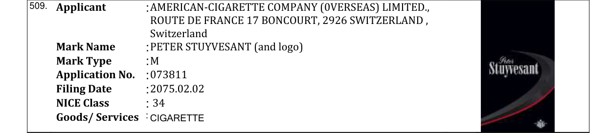 Original bulletin entry for PETER STUYVESANT (and logo)