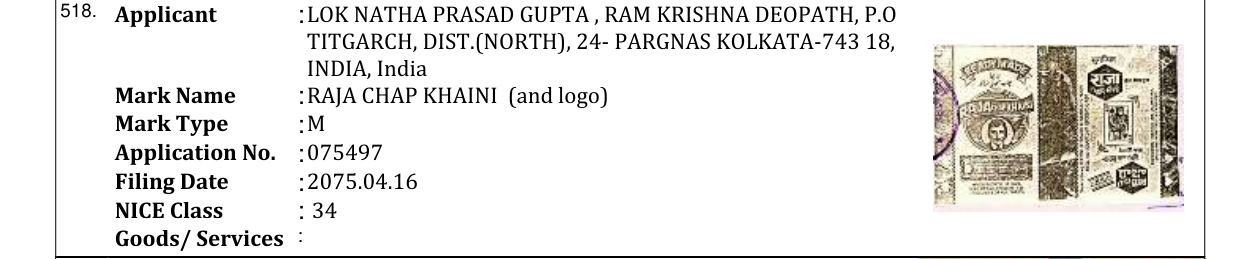 Original bulletin entry for RAJA CHAP KHAINI (and logo)