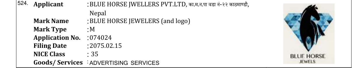 Original bulletin entry for BLUE HORSE JEWELERS (and logo)