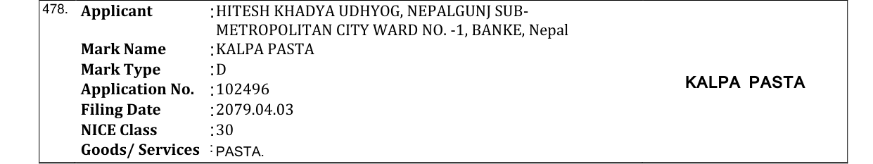Original bulletin entry for KALPA PASTA