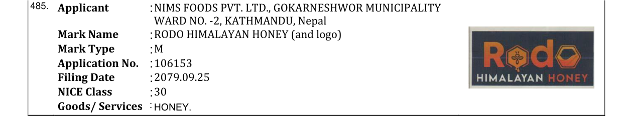 Original bulletin entry for RODO HIMALAYAN HONEY (and logo)