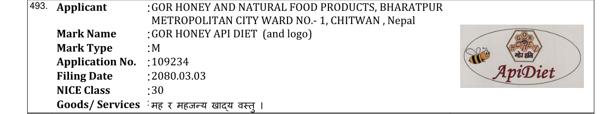 Original bulletin entry for GOR HONEY API DIET (and logo)