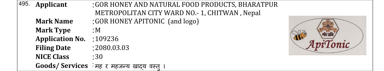 Original bulletin entry for GOR HONEY APITONIC (and logo)