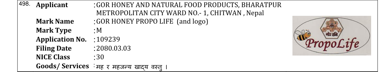 Original bulletin entry for GOR HONEY PROPO LIFE (and logo)