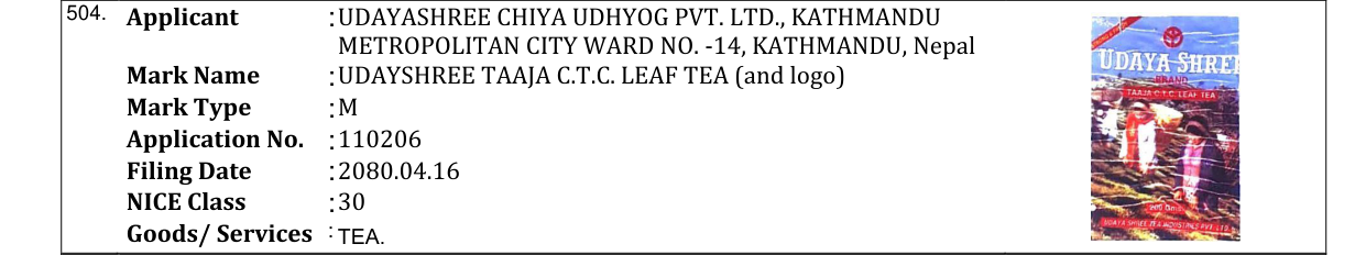 Original bulletin entry for UDAYSHREE TAAJA C.T.C. LEAF TEA (and logo)