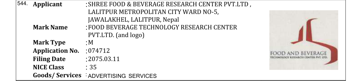 Original bulletin entry for FOOD BEVERAGE TECHNOLOGY RESEARCH CENTER PVT.LTD. (and logo)