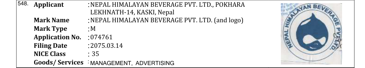 Original bulletin entry for NEPAL HIMALAYAN BEVERAGE PVT. LTD. (and logo)