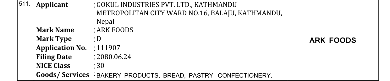 Original bulletin entry for ARK FOODS