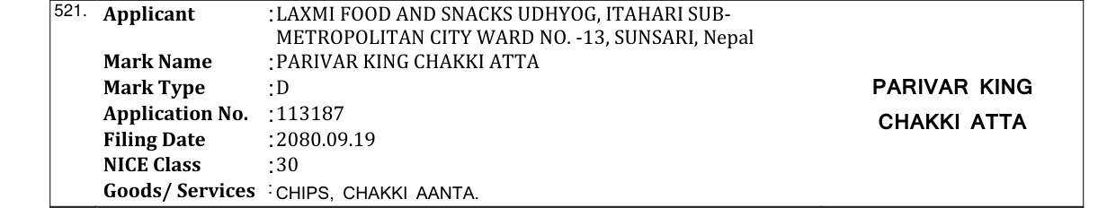 Original bulletin entry for PARIVAR KING CHAKKI ATTA