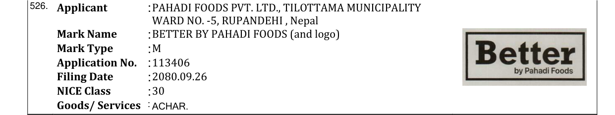 Original bulletin entry for BETTER BY PAHADI FOODS (and logo)