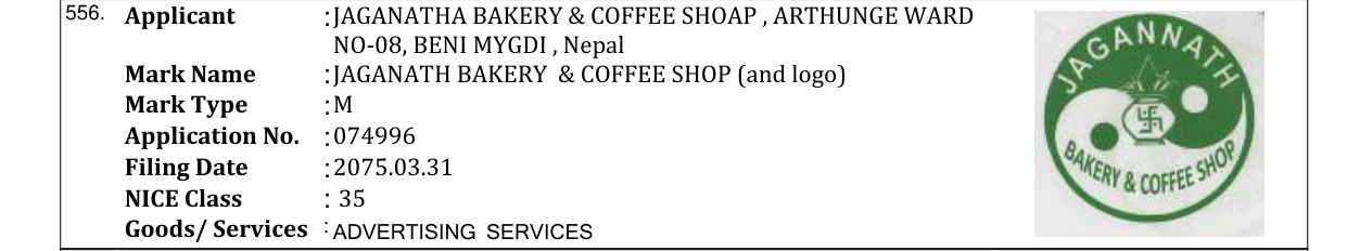 Original bulletin entry for JAGANATH BAKERY & COFFEE SHOP (and logo)