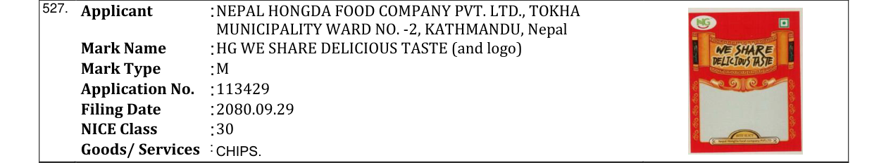 Original bulletin entry for HG WE SHARE DELICIOUS TASTE (and logo)