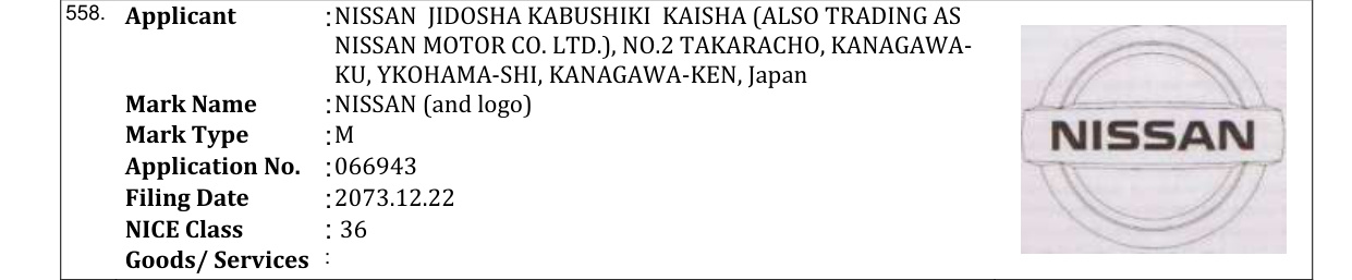 Original bulletin entry for NISSAN (and logo)