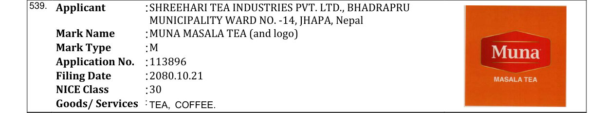 Original bulletin entry for MUNA MASALA TEA (and logo)