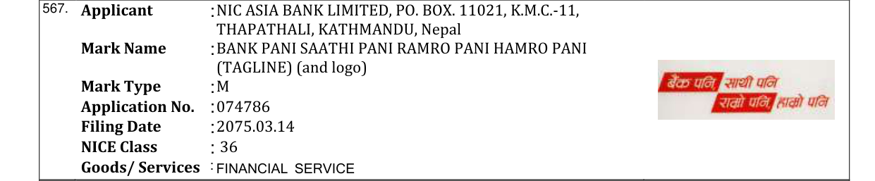 Original bulletin entry for BANK PANI SAATHI PANI RAMRO PANI HAMRO PANI (TAGLINE) (and logo)