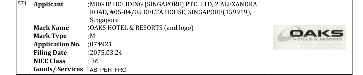 Original bulletin entry for OAKS HOTEL & RESORTS (and logo)