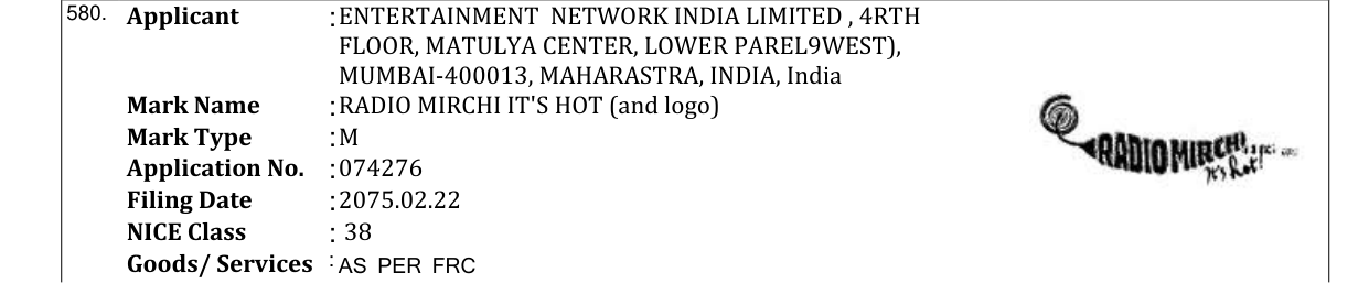 Original bulletin entry for RADIO MIRCHI IT'S HOT (and logo)