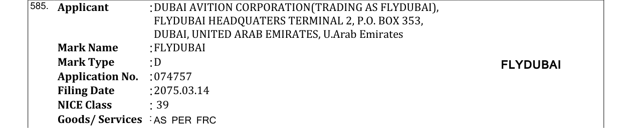 Original bulletin entry for FLYDUBAI