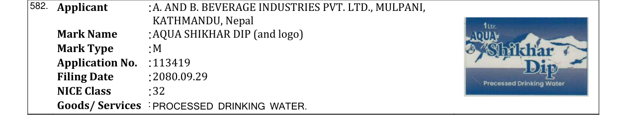 Original bulletin entry for AQUA SHIKHAR DIP (and logo)
