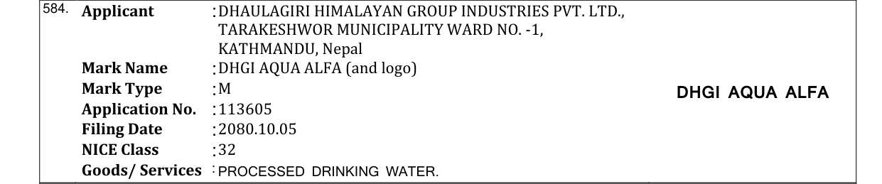 Original bulletin entry for DHGI AQUA ALFA With Logo