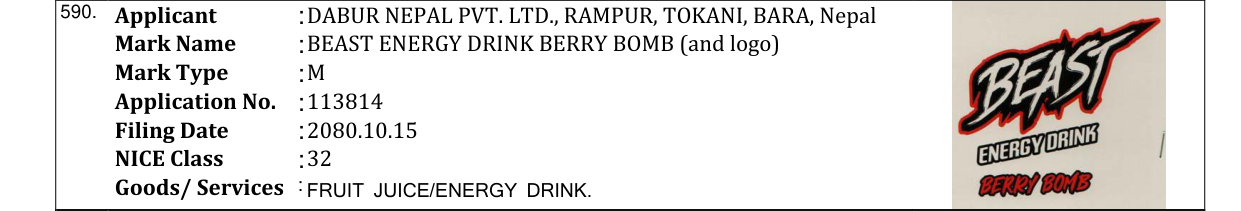 Original bulletin entry for BEAST ENERGY DRINK BERRY BOMB (and logo)