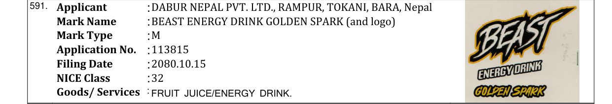 Original bulletin entry for BEAST ENERGY DRINK GOLDEN SPARK (and logo)