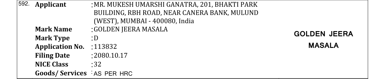 Original bulletin entry for GOLDEN JEERA MASALA GOLDEN JEERA