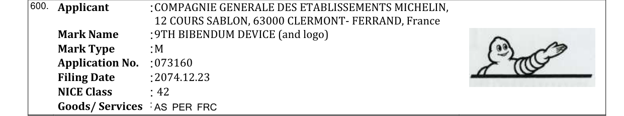 Original bulletin entry for 9TH BIBENDUM DEVICE (and logo)