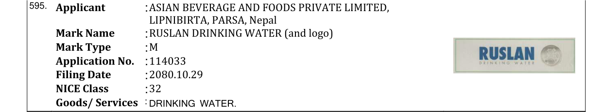 Original bulletin entry for RUSLAN DRINKING WATER (and logo)