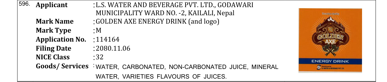 Original bulletin entry for GOLDEN AXE ENERGY DRINK (and logo)