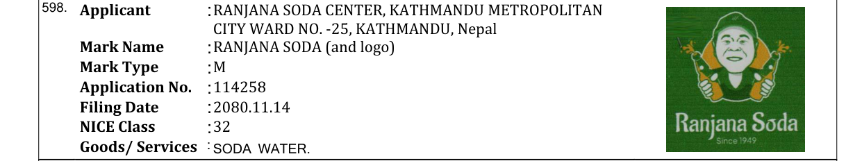Original bulletin entry for RANJANA SODA (and logo)