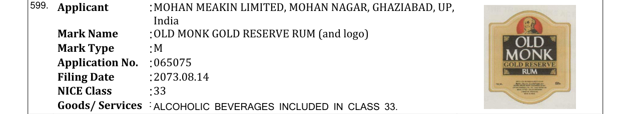 Original bulletin entry for OLD MONK GOLD RESERVE RUM (and logo)