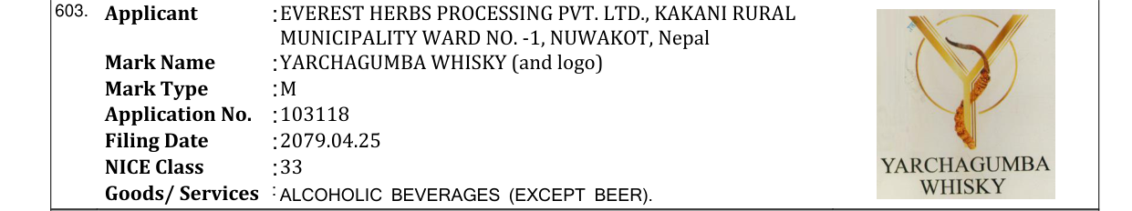Original bulletin entry for YARCHAGUMBA WHISKY (and logo)