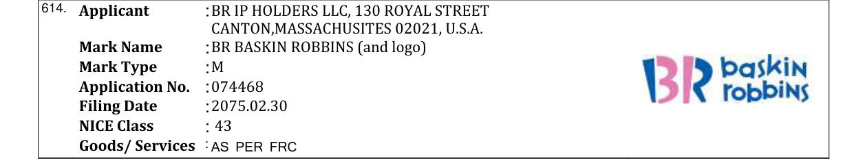 Original bulletin entry for BR BASKIN ROBBINS (and logo)