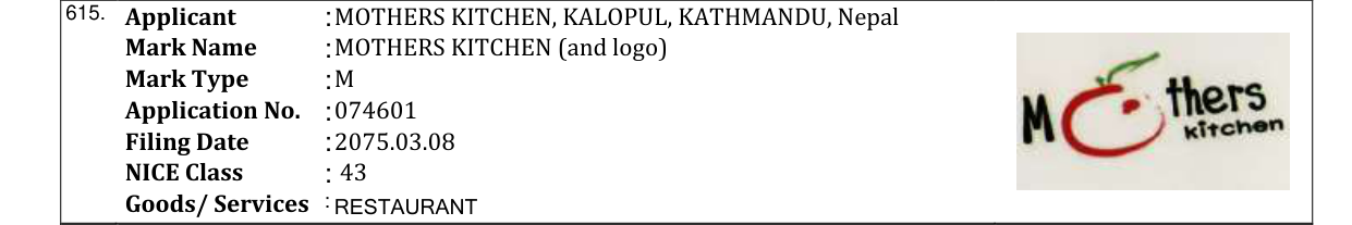 Original bulletin entry for MOTHERS KITCHEN (and logo)