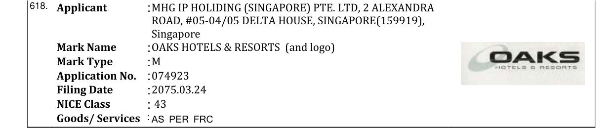 Original bulletin entry for OAKS HOTELS & RESORTS (and logo)