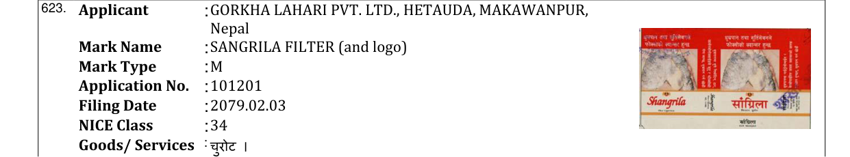 Original bulletin entry for SANGRILA FILTER (and logo)