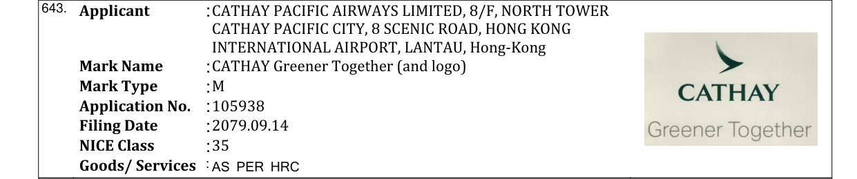 Original bulletin entry for CATHAY Greener Together (and logo)